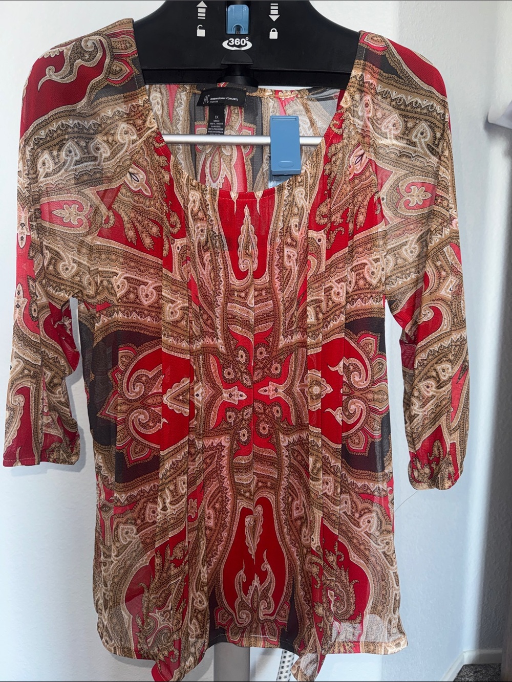 INC International Concepts Red Paisley V-Neck Tunic with Brown & Cream Accents